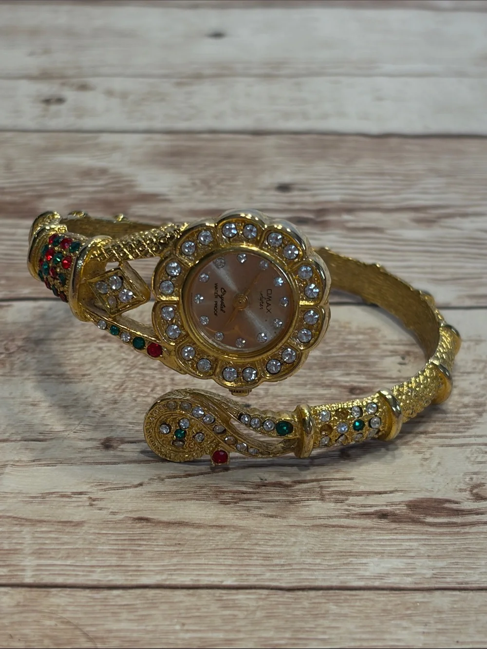 Vintage Quartz 18K Gold plated Bangle Watch with Multicolor Crystal Stones